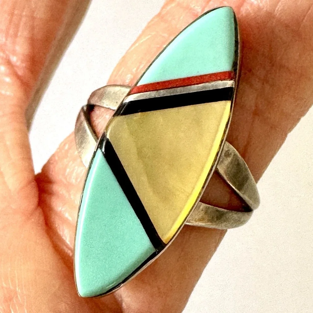VTG Navajo Marquis Turquoise MOP Ring Sz 5 Sterling 60s Old Inlay‎ Native Amer